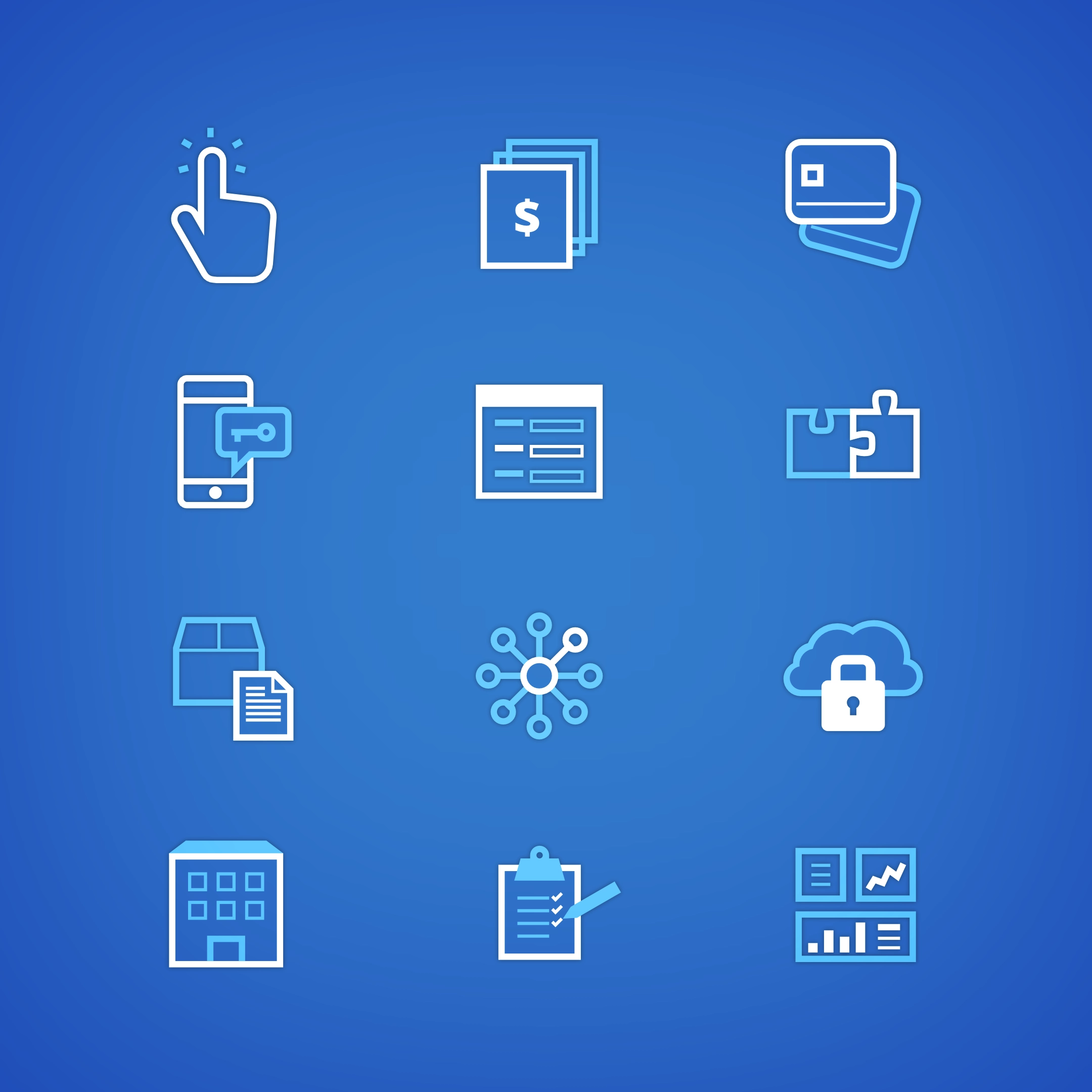 Medium-sized white and light blue icons over a dark blue background.