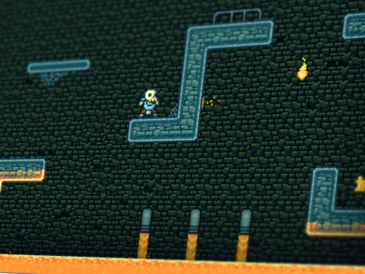 A screenshot of the game depicting the protagonist traversing a castle full of lava traps.
